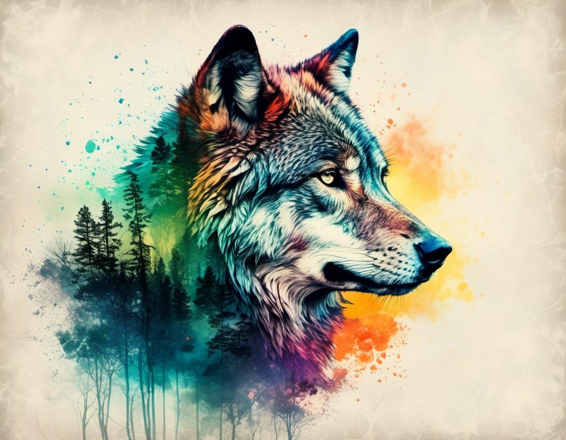Majestic Wolf Double Exposure Watercolor Painting