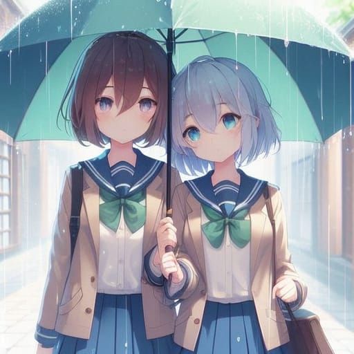 Anime Women Share Umbrella in Rainy Light Green and Blue Sce...