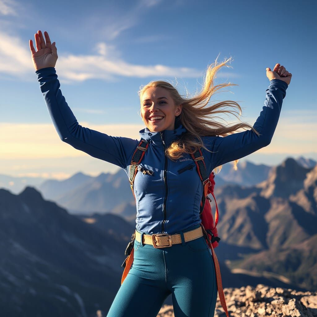 Mountaineer Triumphant: Hyperrealistic Summit Celebration