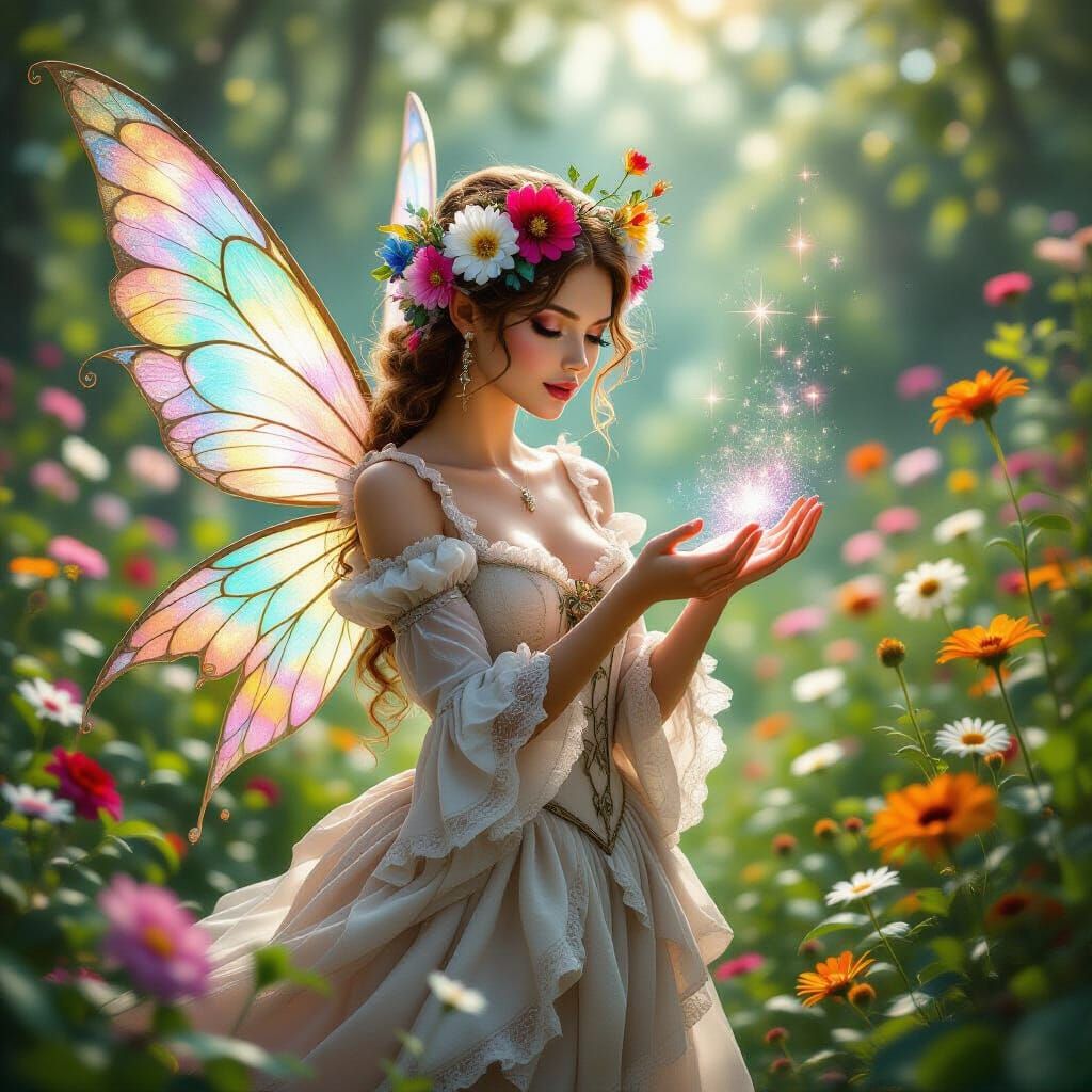 Beautiful, steampunk, female fairy, wearing an intricate flo...