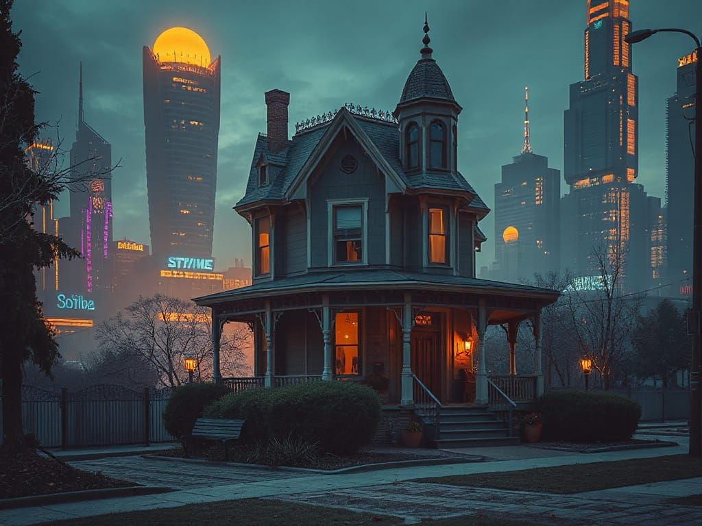 Utopian City Surrounds Victorian Relic at Magic Hour