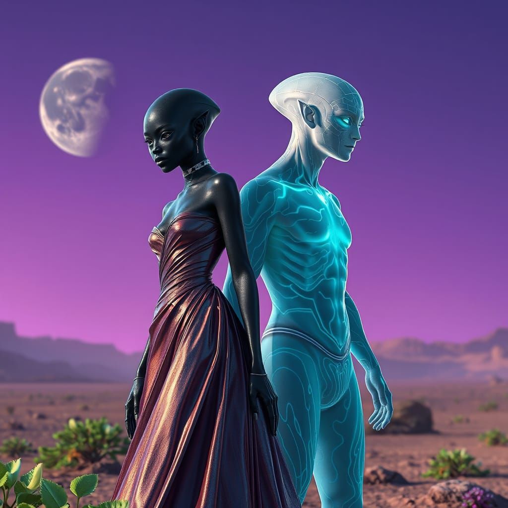 Alien Couple on Exotic Planet in Cinematic Style