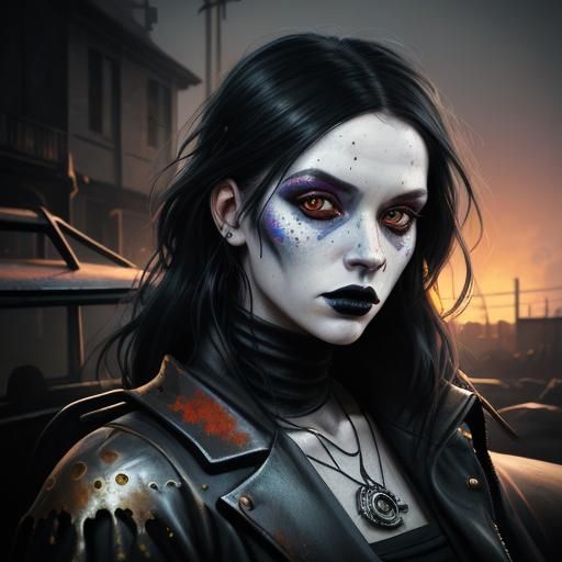 Goth Model and Rusty Car in Digital Art Style