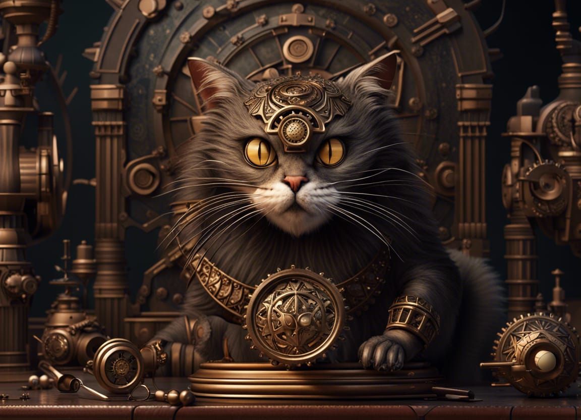 Steampunk Victorian Cat Automaton in Laboratory