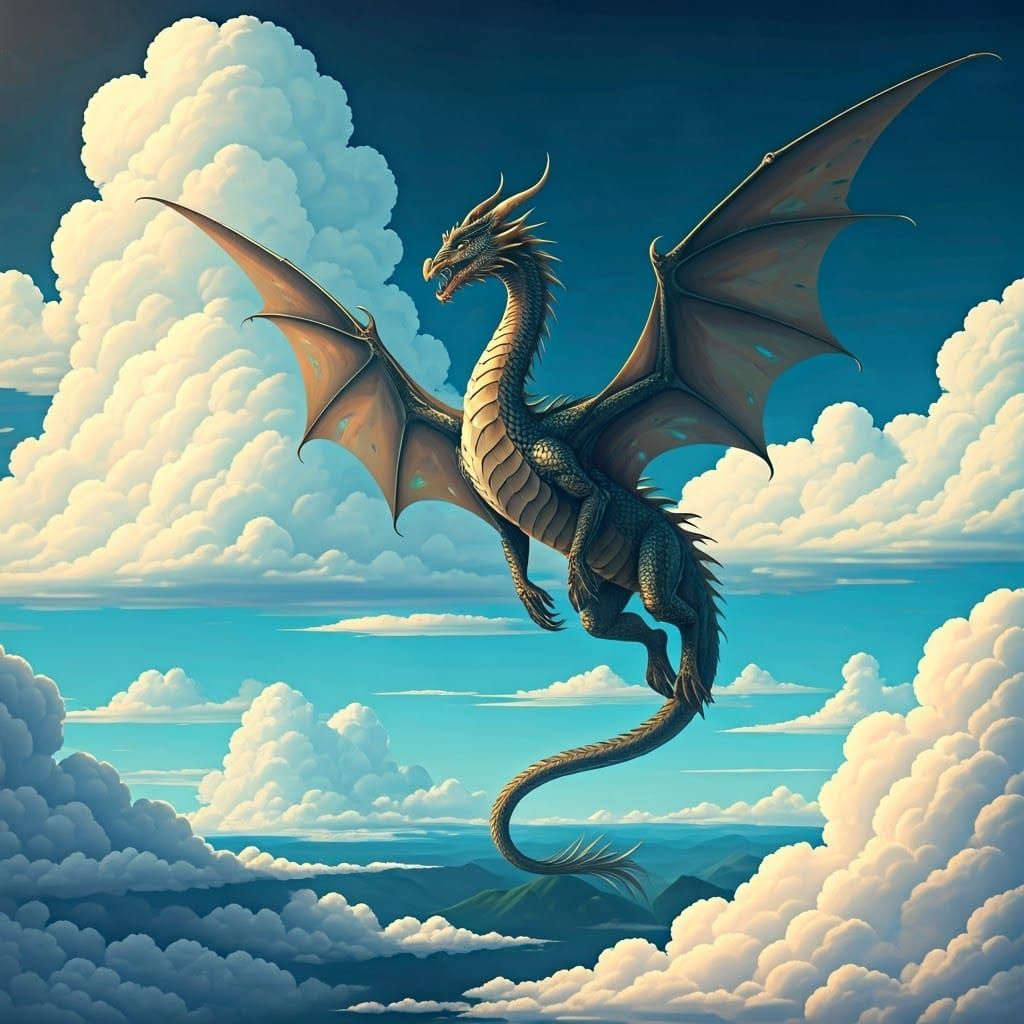 Majestic Dragon Soaring Through Dreamy Cloudscape