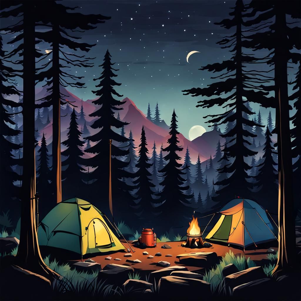 Nighttime Campsite in Forest Setting