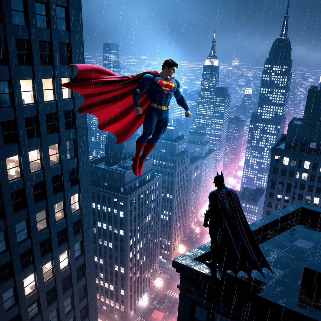 Superman and Batman on Rainy NYC Rooftop
