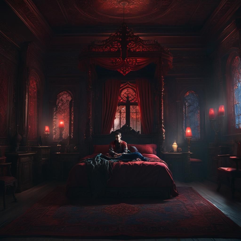 Dark Fantasy Man with Red Eyes in Ornate Room
