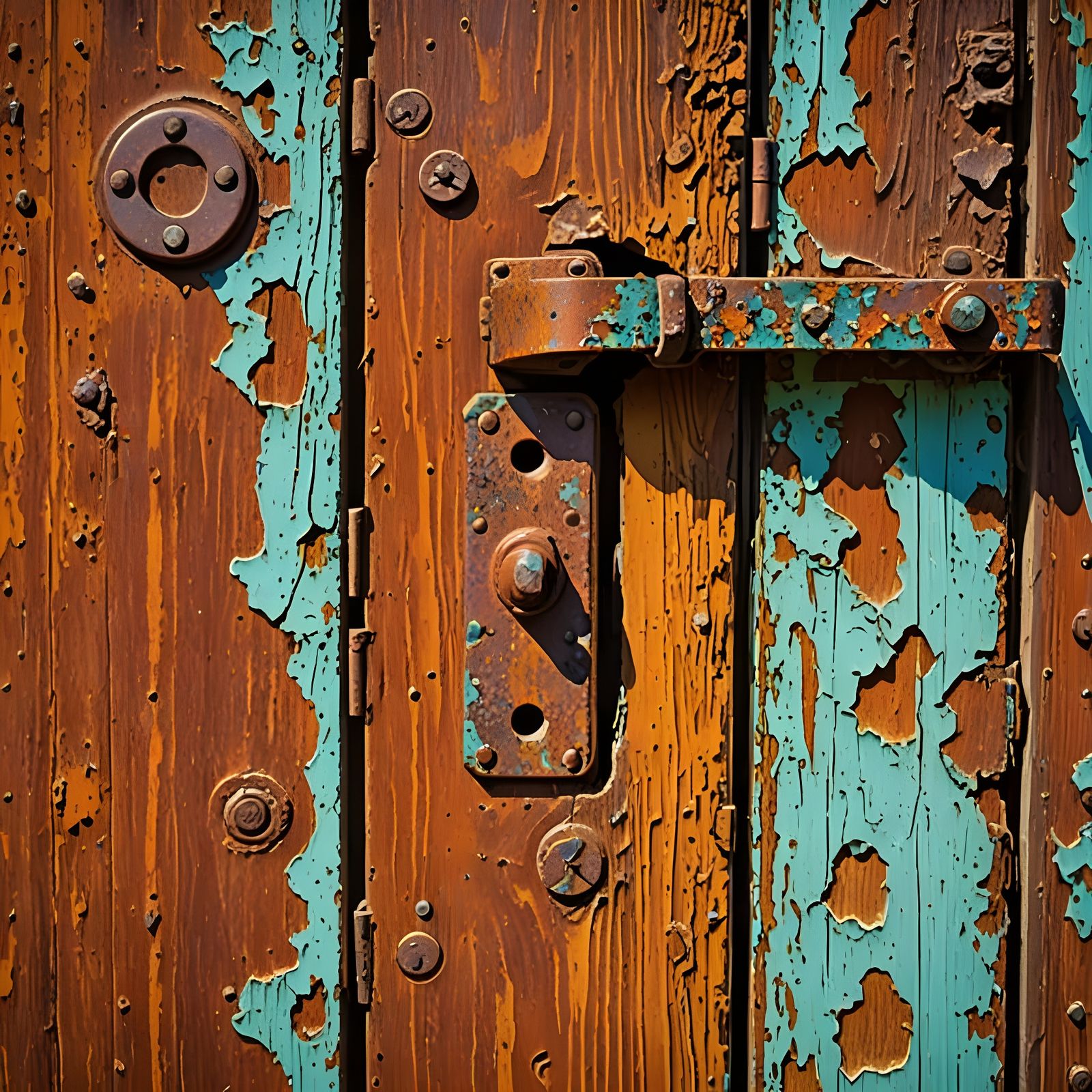 Vibrant Rusty Door Hinge in a Weathered Wood Aesthetic