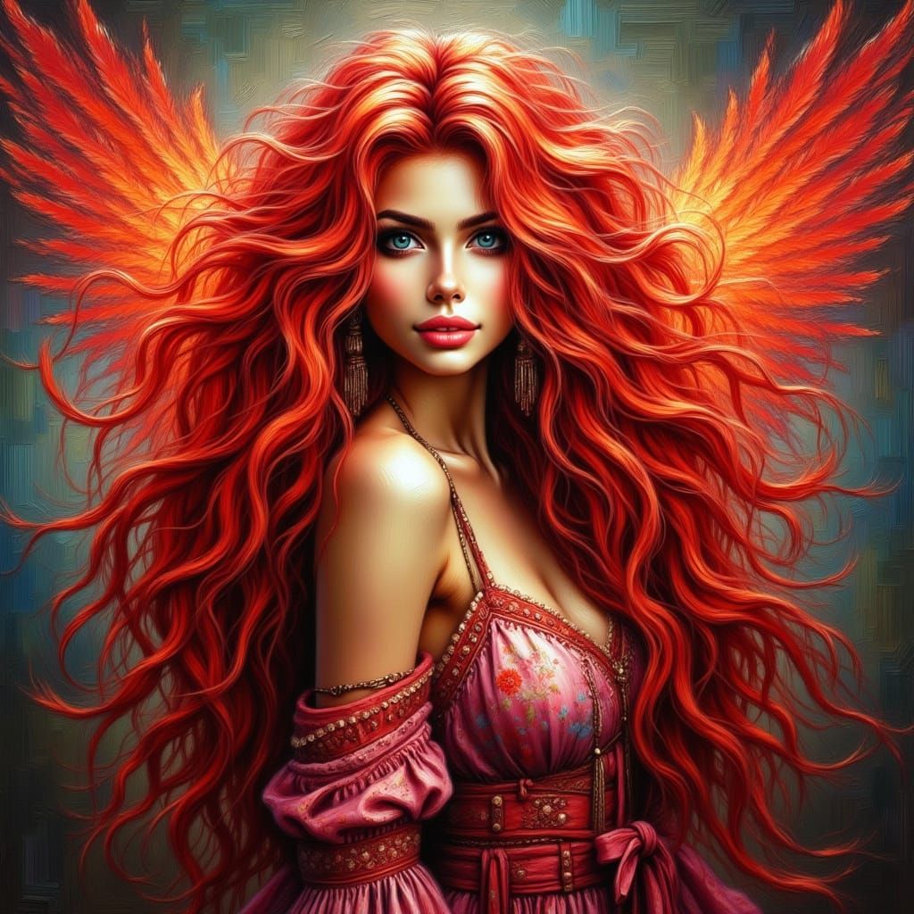 Beautiful Red Angel Ascends in Ethereal Light