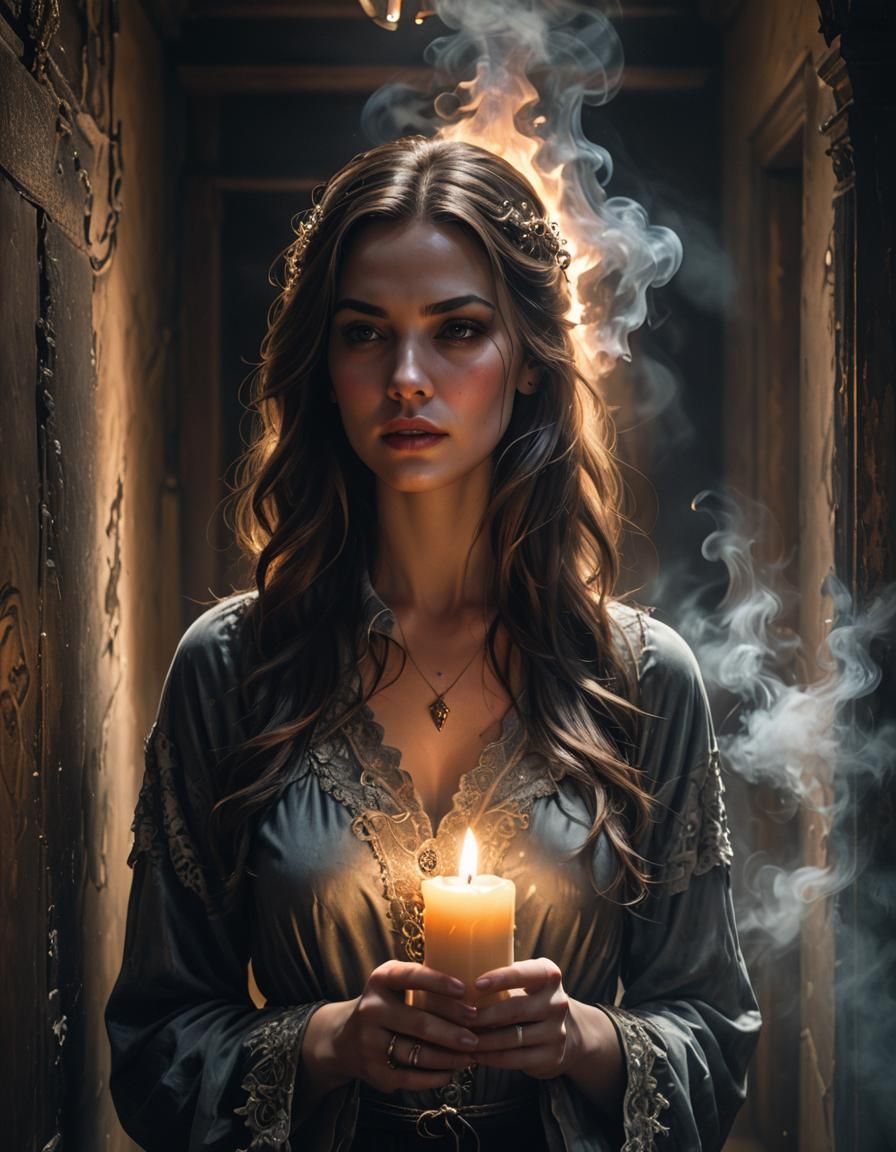 Girl with Candle and Smoke Ghost: Photorealistic Art
