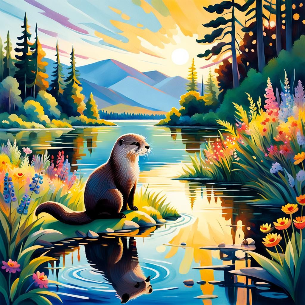 Boy and Otter by Lake in Abstract Expressionism