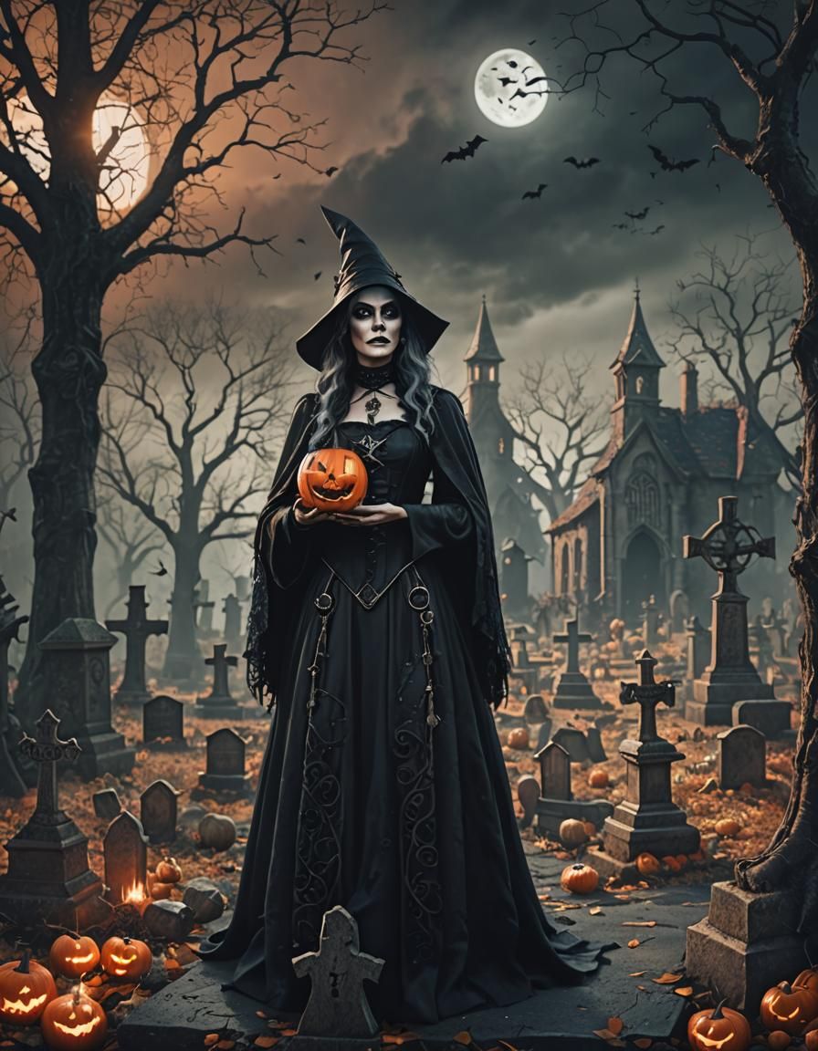 Gothic Witch in Graveyard: Halloween Horror Art