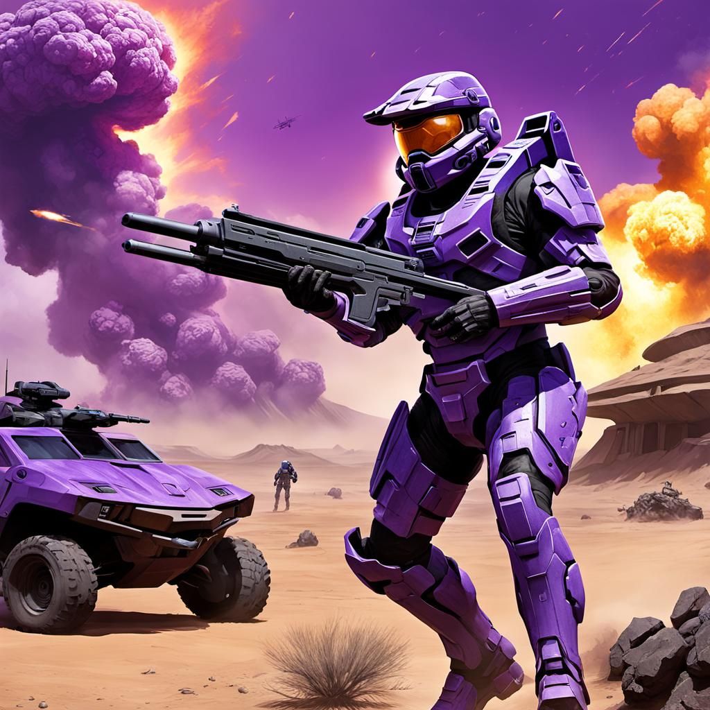 Make Master chief in purple from Halo holding an Assault Rifle. He stands in the desert. In the back are explosions and ...