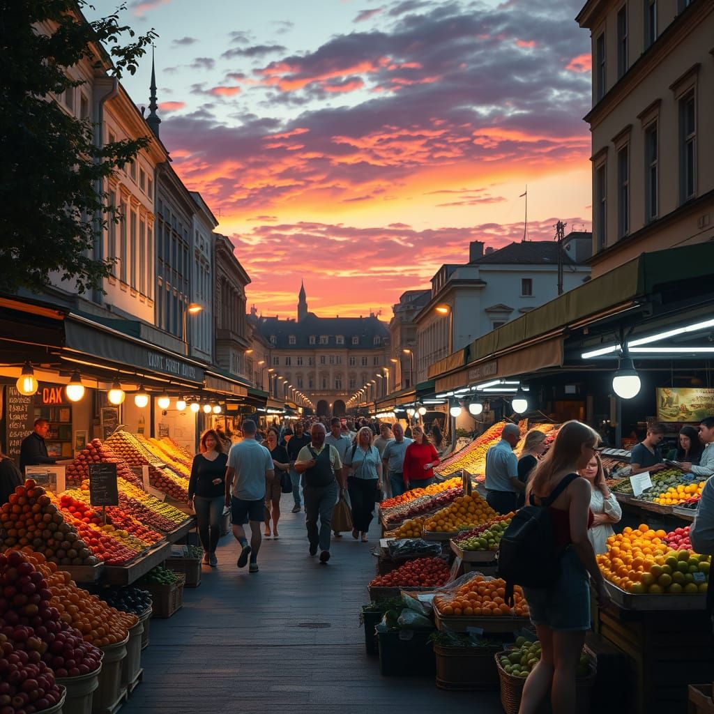 Vibrant Night Market in Riga's Golden Hour