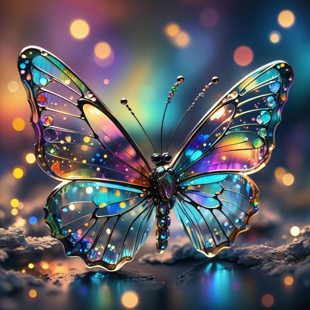 Crystal Bioluminescent Butterfly with Rainbow Bokeh