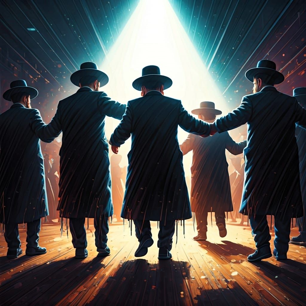 Hasidic Men Dancing with Joy in Colorful Lighting