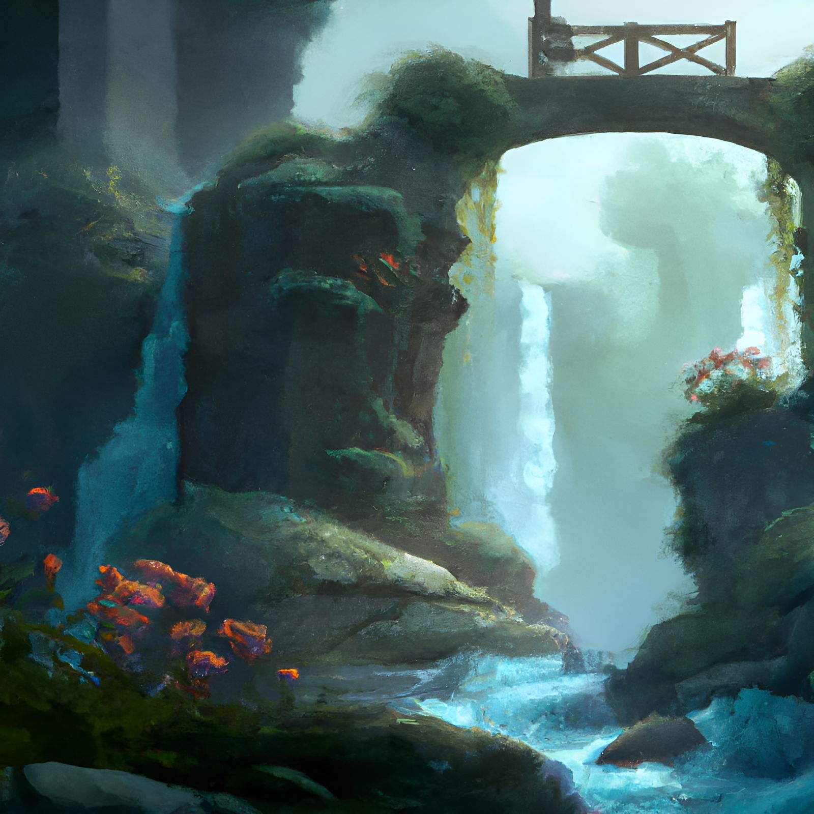 Magical Waterfall Bridge: Digital Matte Painting