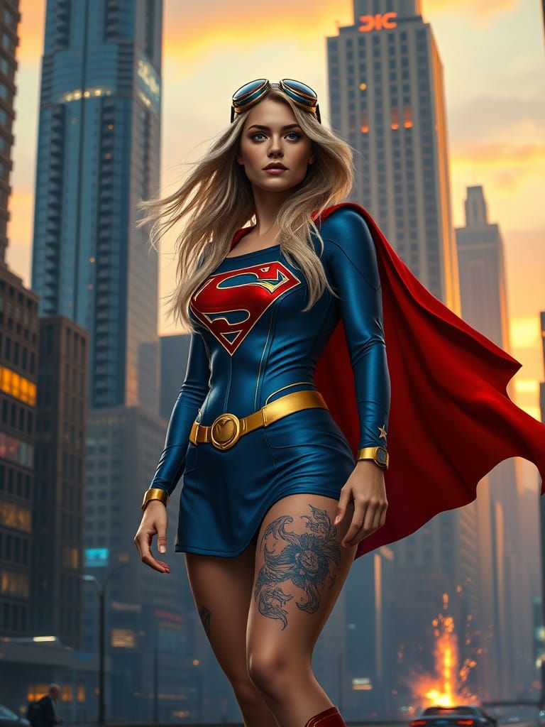 Steampunk Supergirl in Futuristic Cityscape at Dusk