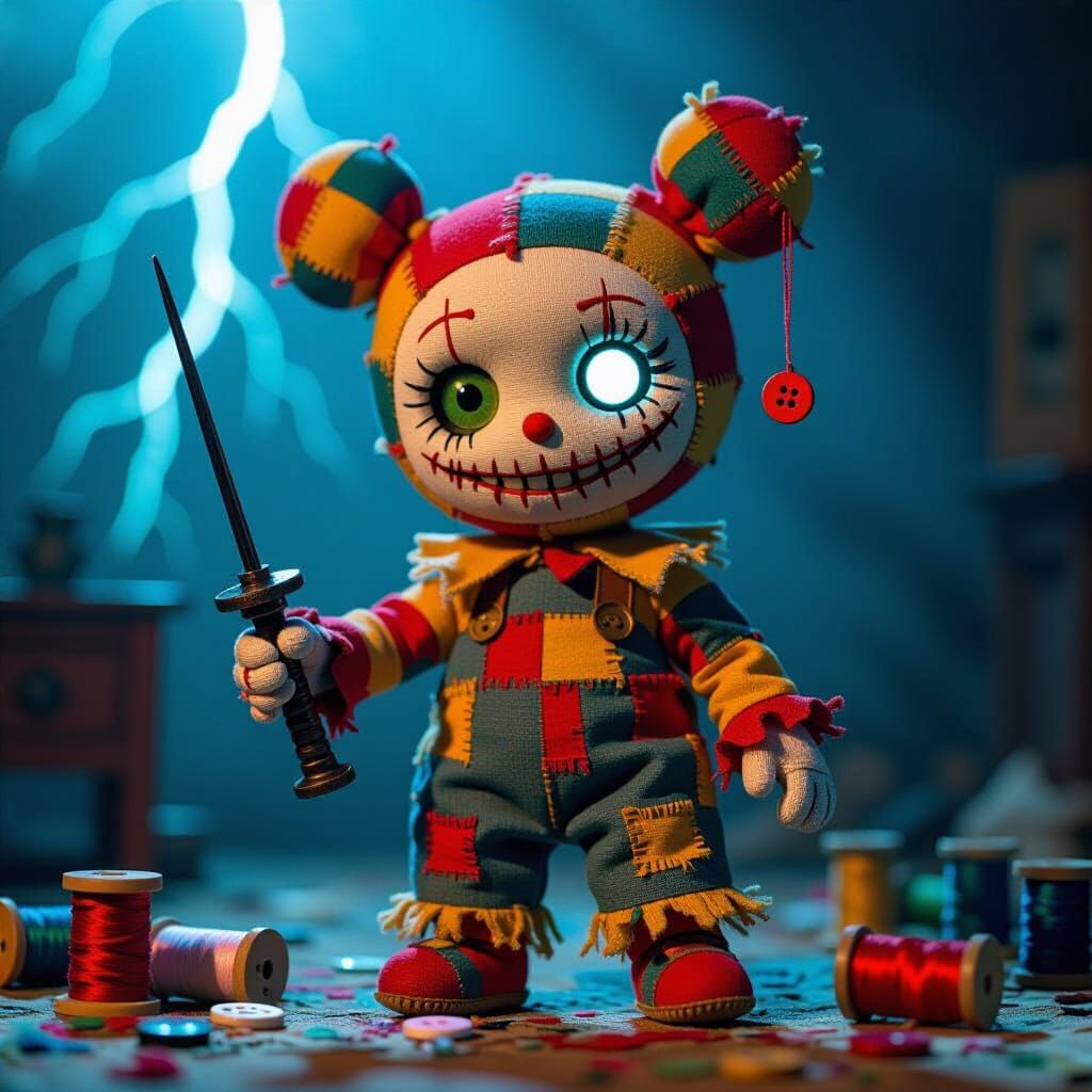 Creepy-Cute Patchwork Doll with Needle Sword