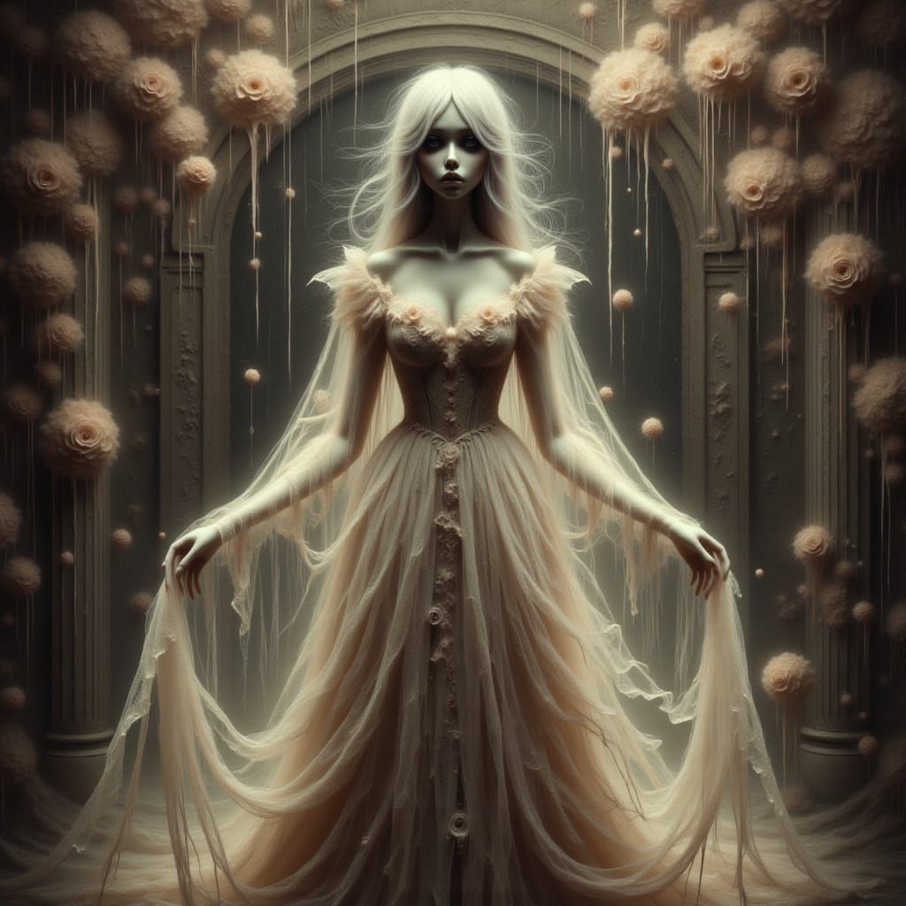 Ethereal Ghost Girl in Opulent Art Deco Ballroom