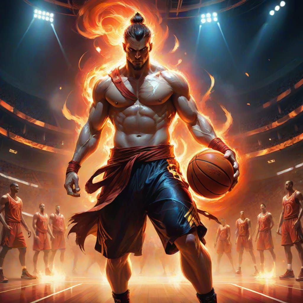 Warrior on Basketball Court with Flaming Ball