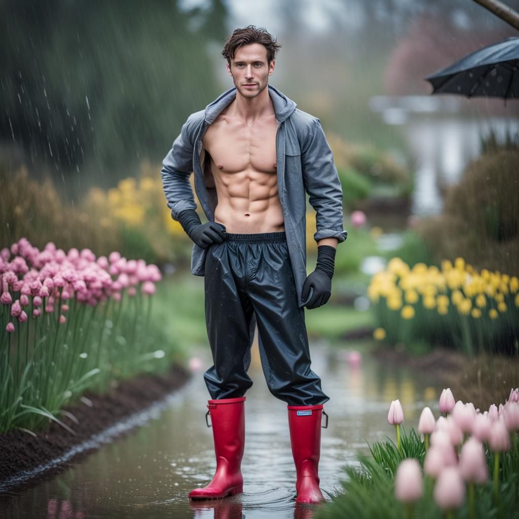 Shirtless Gardener in Spring Rain: Professional Photography