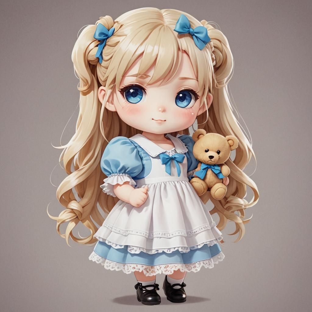Chibi Girl with Teddy Bear in White Dress
