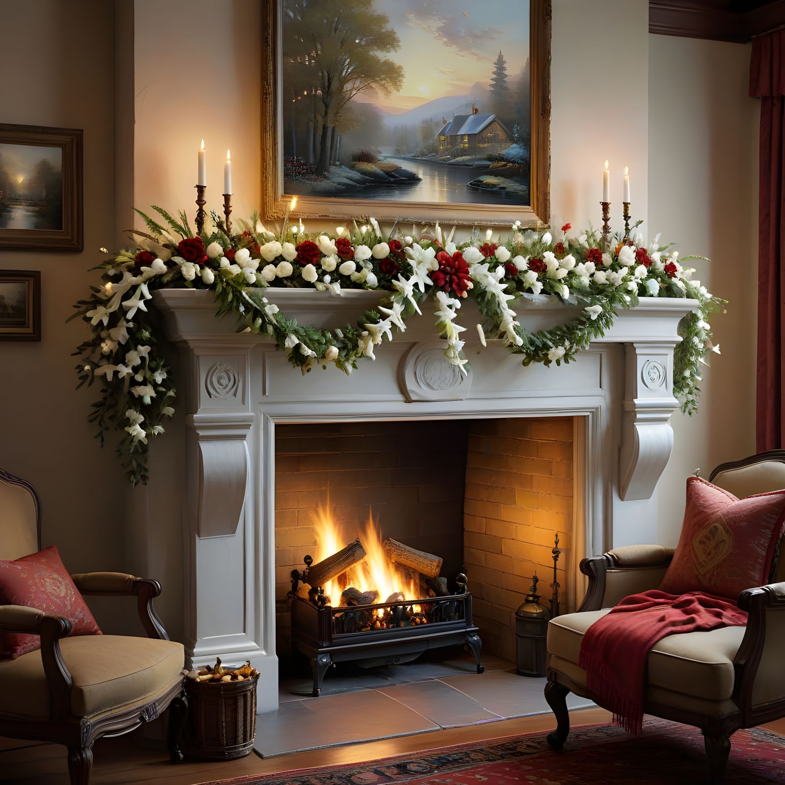 Winter Decorations on a Fireplace in a Cozy Style