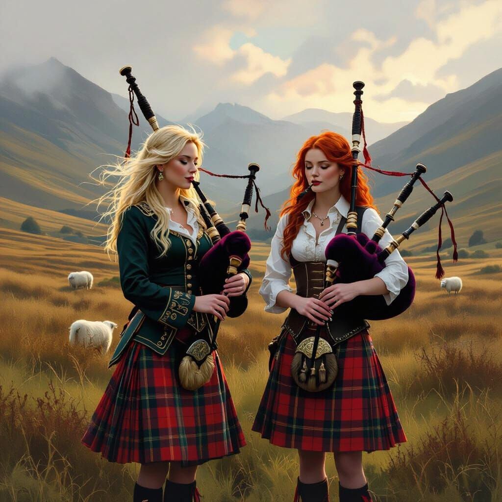 Women Playing Bagpipes in Misty Scottish Glen at Dawn