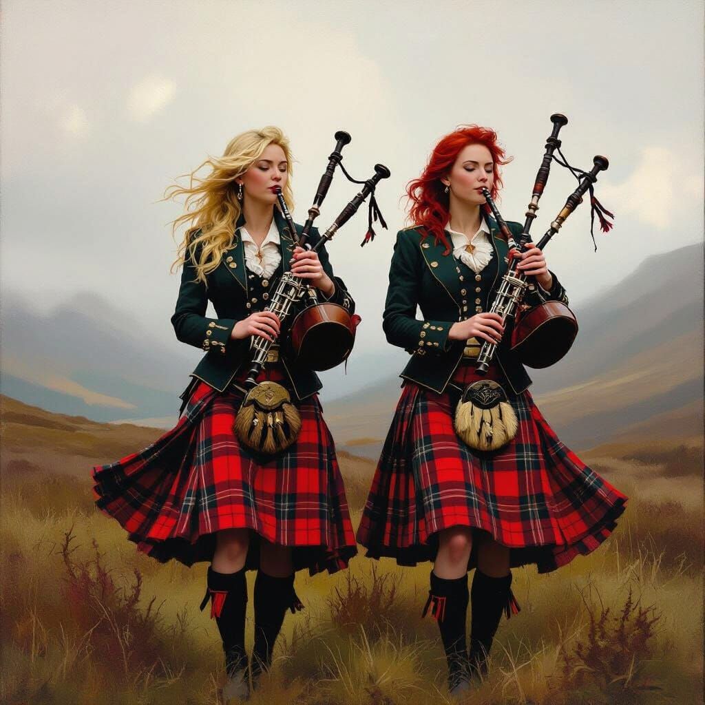 Women Playing Bagpipes in Scottish Highlands Oil Painting
