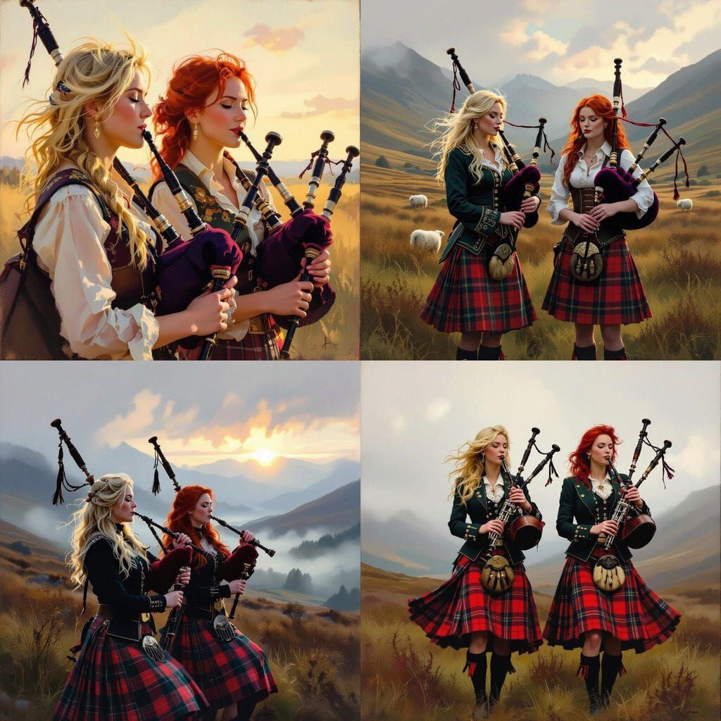 Women Playing Bagpipes in Vibrant Hues