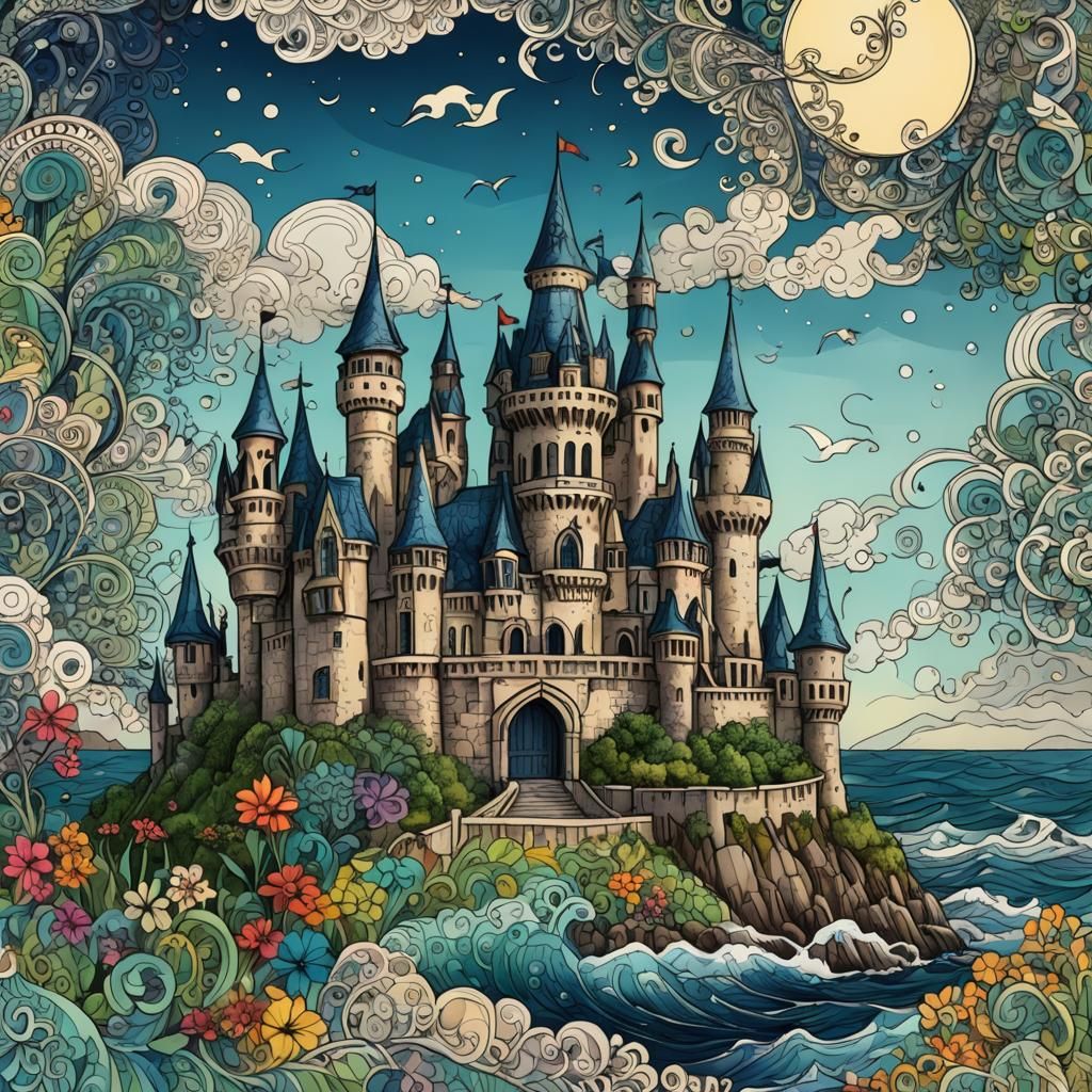 Zentangle Castle Overlooking Ocean with Fractal Waves