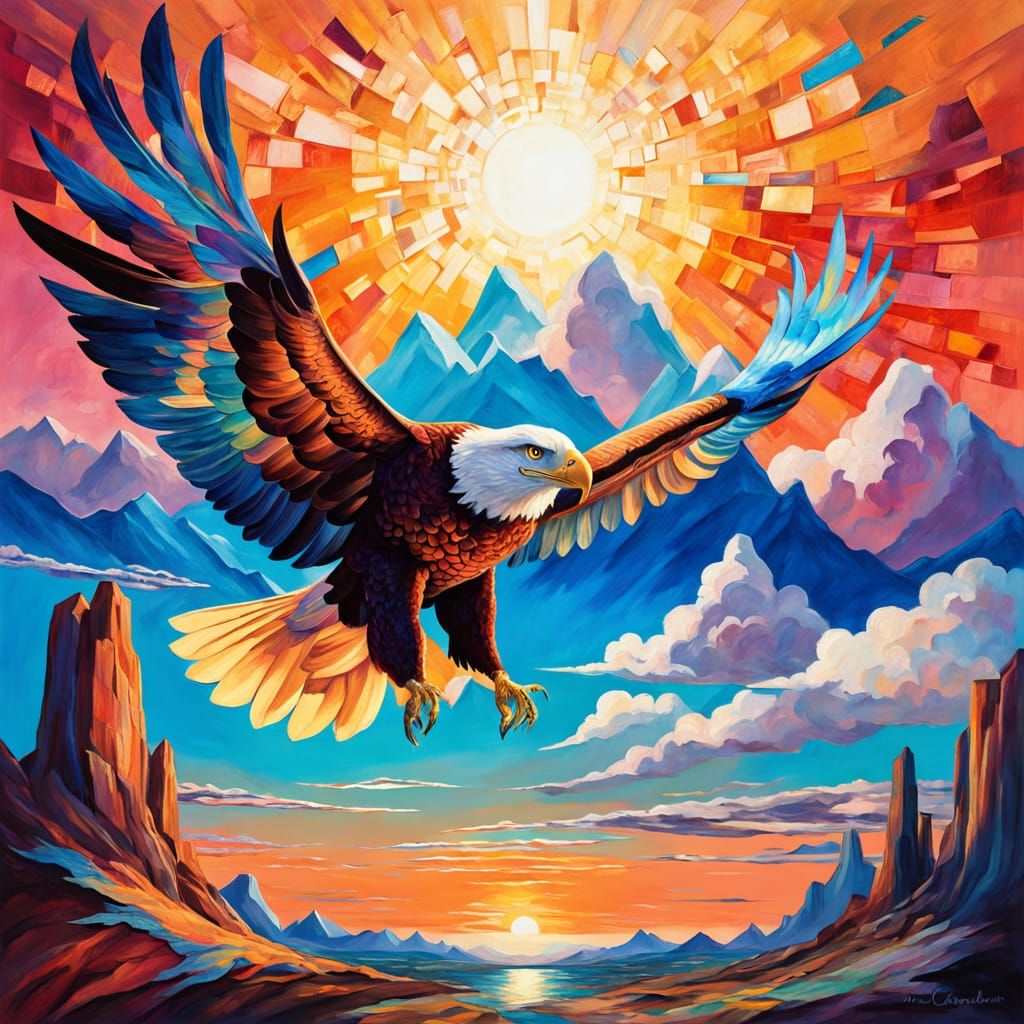 Surrealist Eagle Soars Above Icy Mountains in Vibrant Sunset...