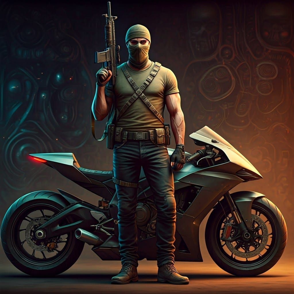 Masked Man with Rifle in Futuristic Setting