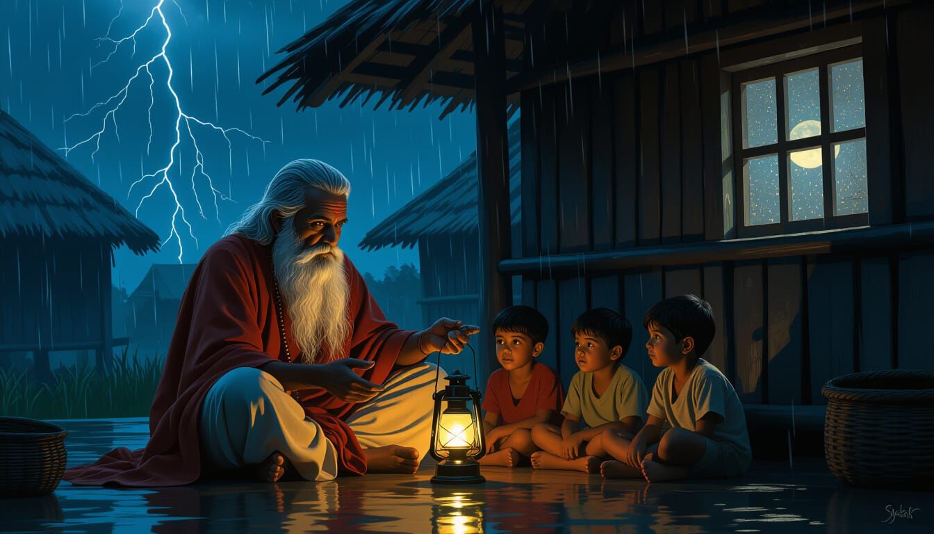 Bengali Storyteller in Rainy Village Hut