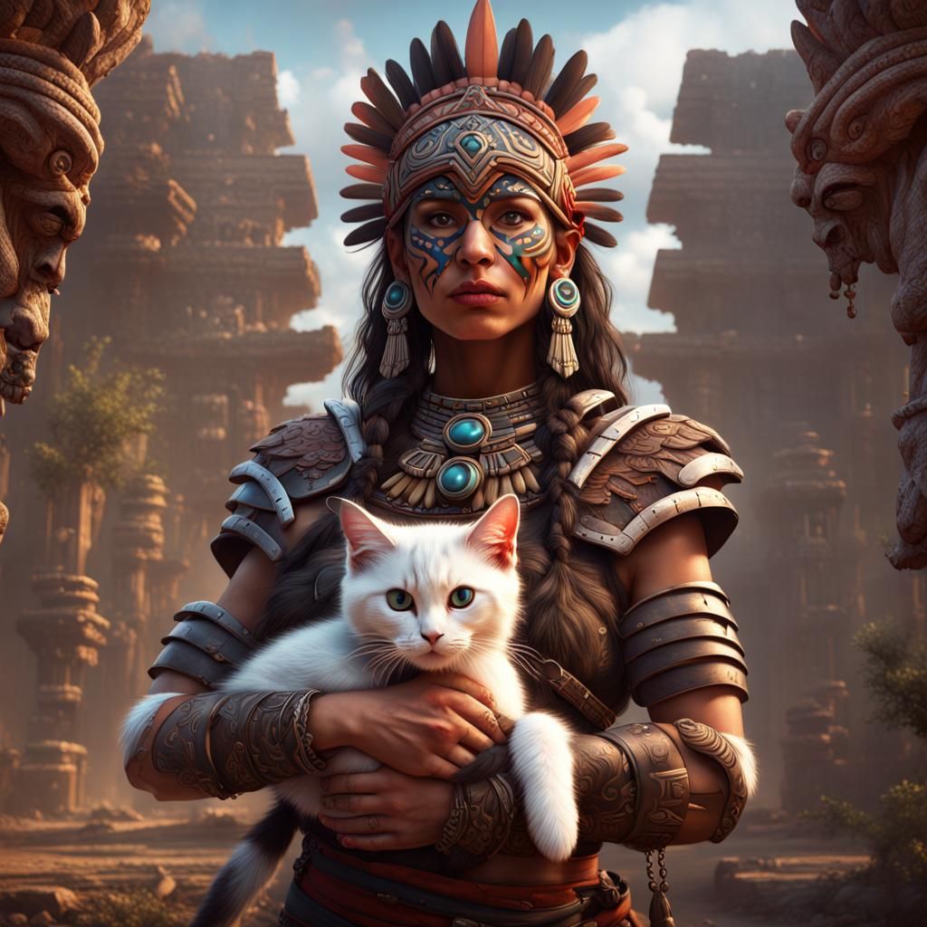 Aztec Warrior with Kitten: Detailed Fantasy Art