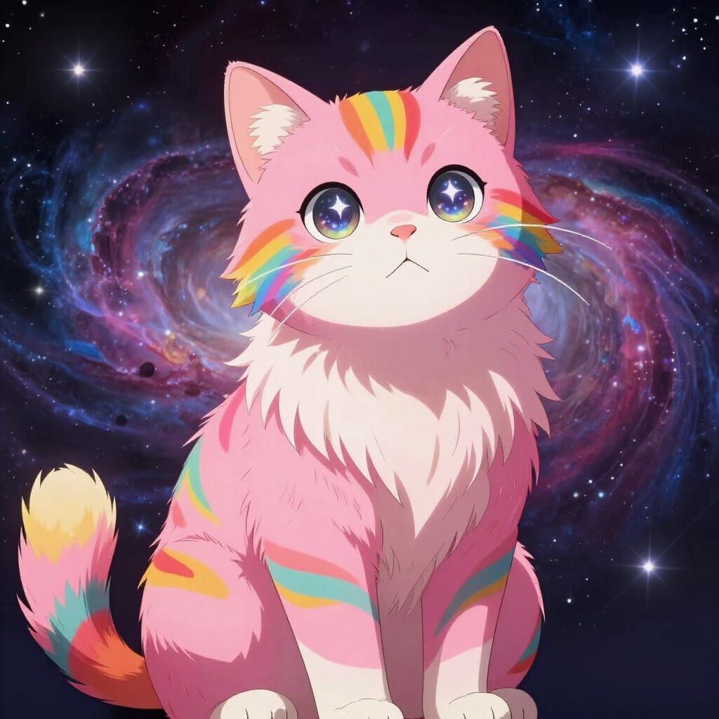 Fluffy Pink Cat with Rainbow Stripes in Cosmic Anime Style