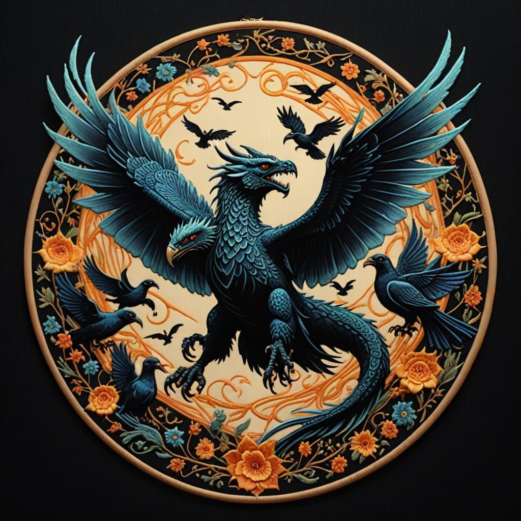 Luminous Embroidered Dragon Soars with Pigeons