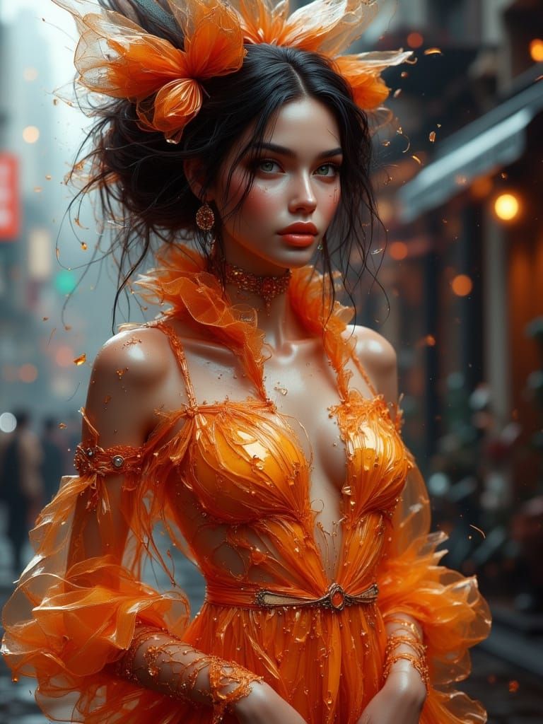 Hyperrealistic Woman Portrait with Orange Glow and Fantasy A...