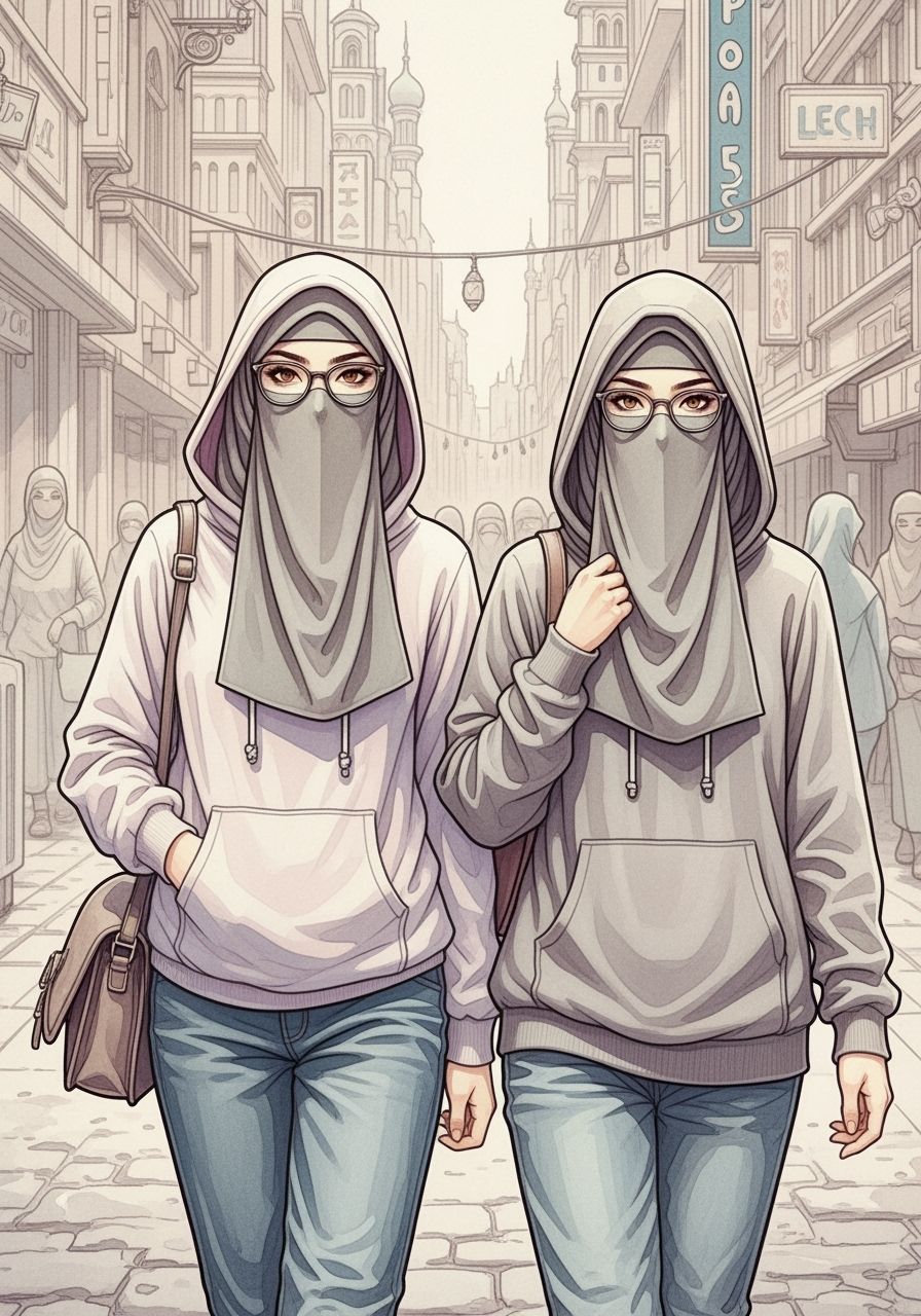 Two Niqabi Women Walking in a City, Watercolor Painting
