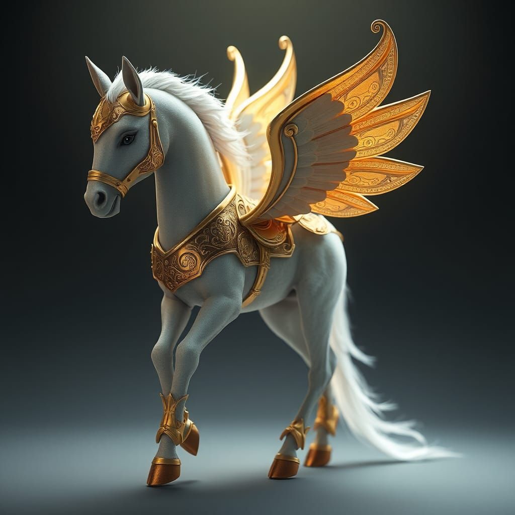 Winged Horse in Gold Armor: 3D Anime Art