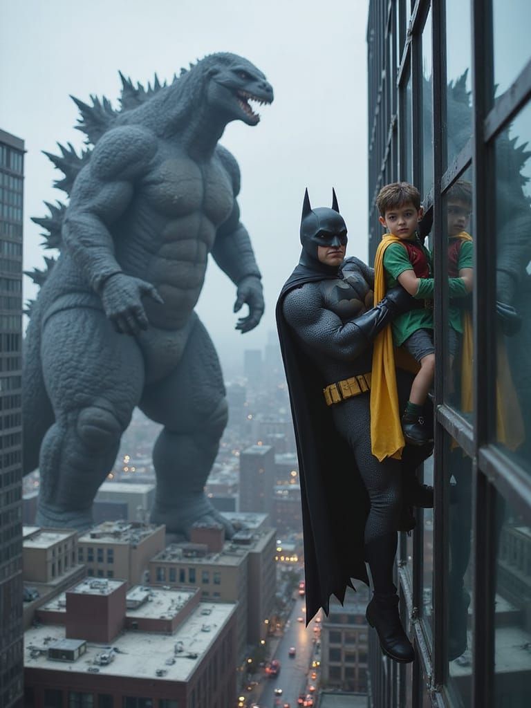 Batman, Robin, and Godzilla Observe Cityscape