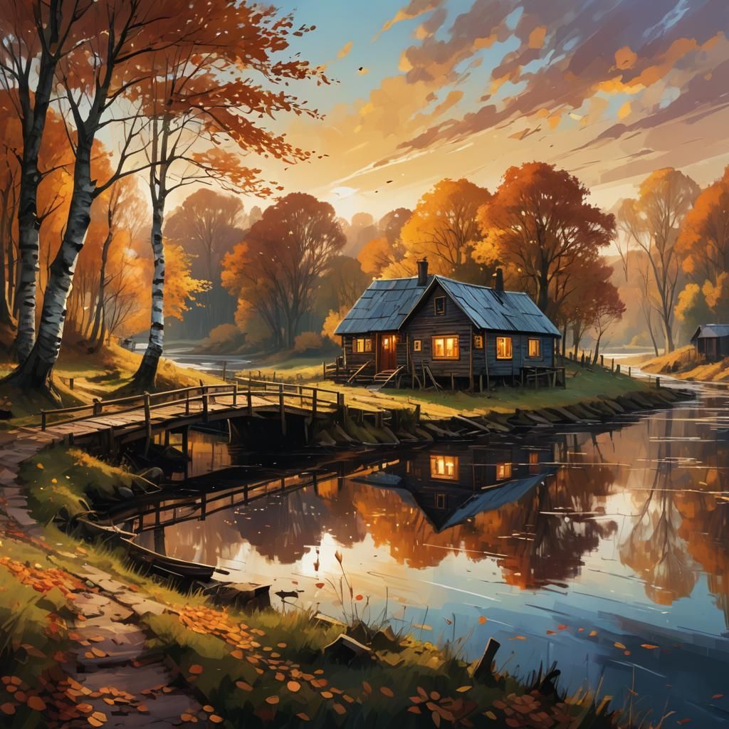 Autumnal River Landscape in Digital Painting Style