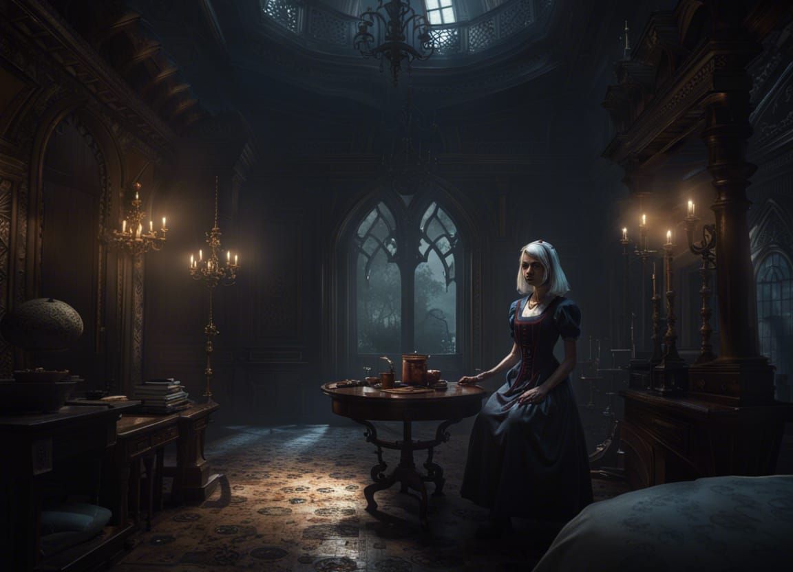 Creepy Nurse Rosetta in Gothic Mansion, Dark Fantasy Art