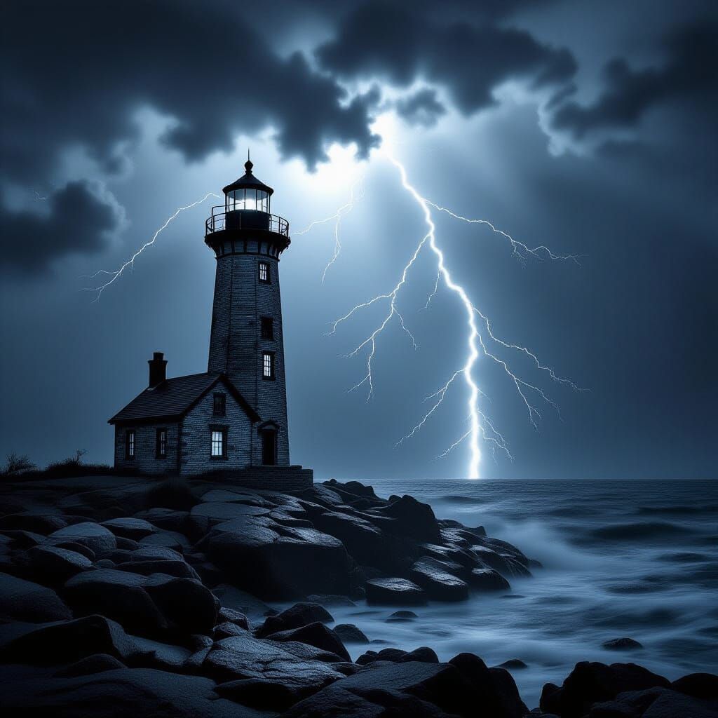 Noir Lighthouse in Storm: Hitchcock-Inspired Black and White