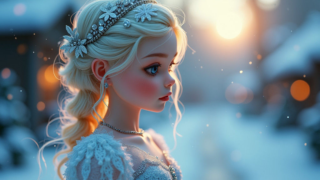 Mechanical Doll in Snowy Village, Hyperrealistic Style