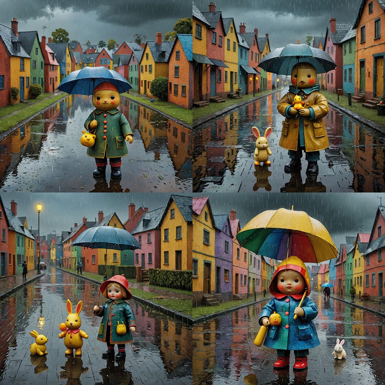 Antique Doll in Rainy Scene as Oil Painting