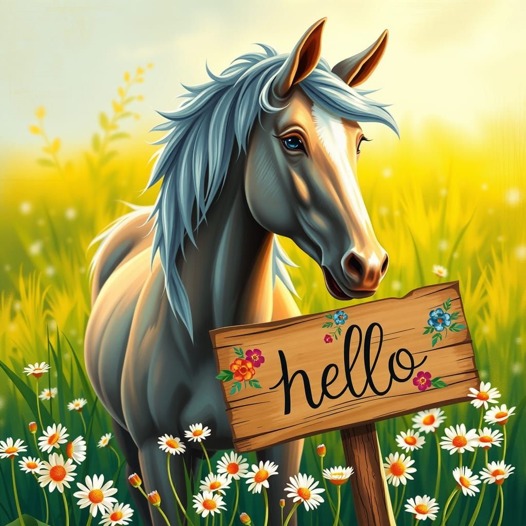 Horse in Daisies with Hello Sign, Impressionist Style