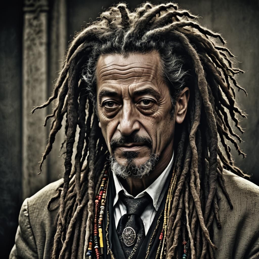 Nicolas Sarkosy with dreadlocks, rastafari atmosphere, intri...
